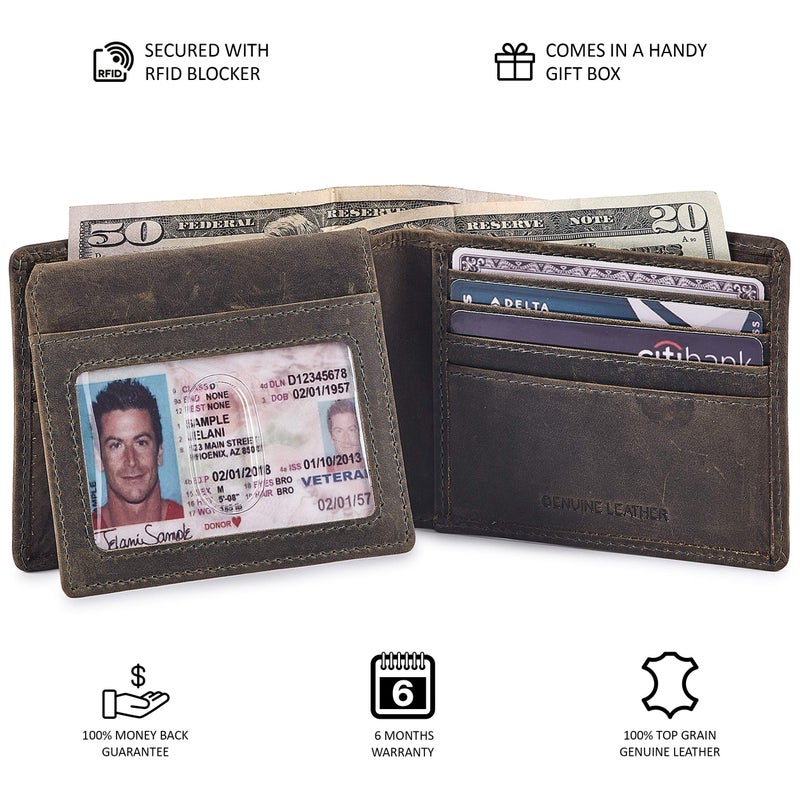 Cochoa Bifold Wallet for Men's Real Genuine Slim Leather RFID Blocking 2 ID Windows Stylish Travel Gift Box (CRAZY HORSE, MOSS GREEN) - Image 4